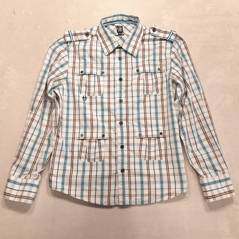 Cavi Mens Long Sleeve Utility Button Shirt Medium Beige Blue Plaid 4 Pockets